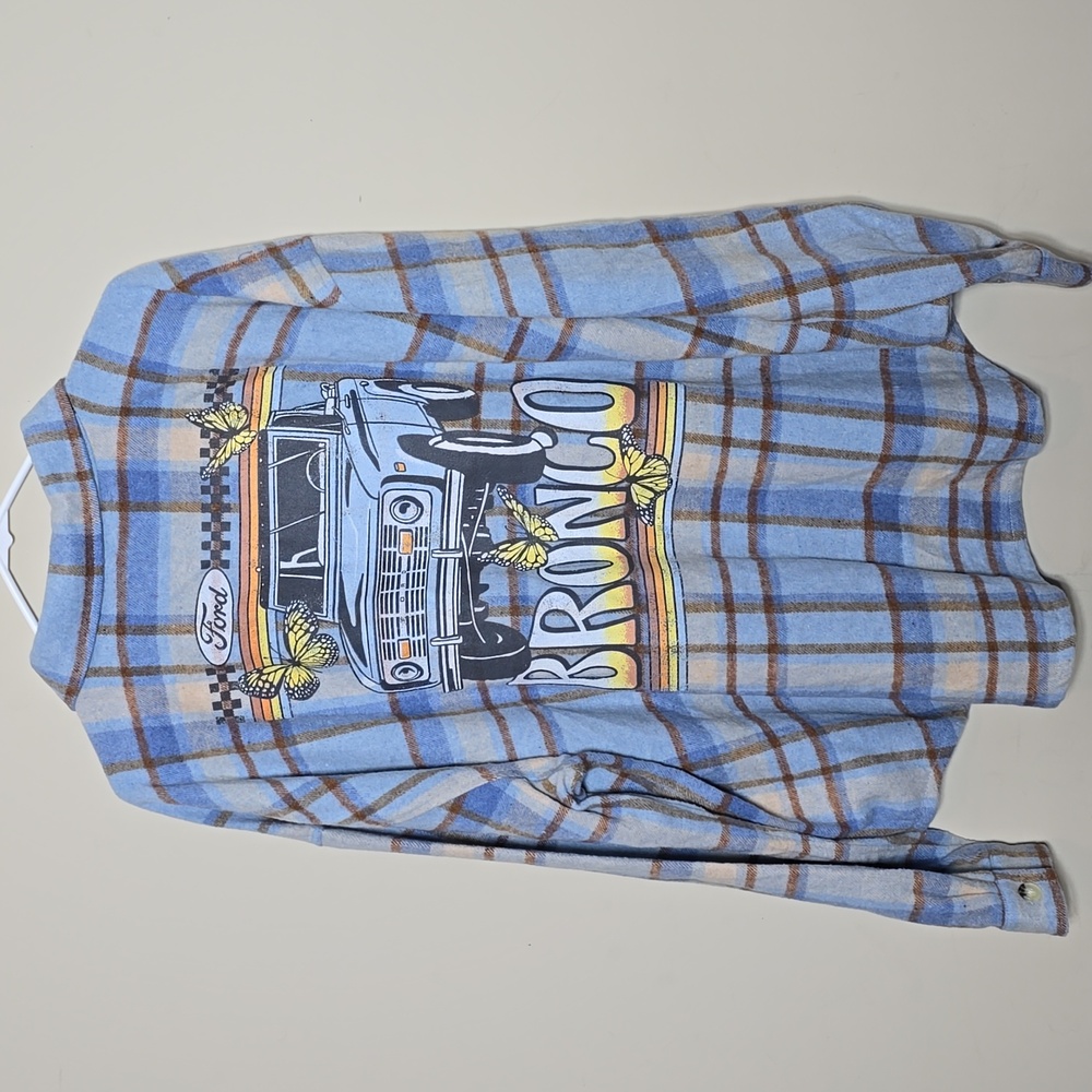 Womens Blue Ford Bronco Oversized Button Down Flannel Long Sleeve Shirt Size 2X